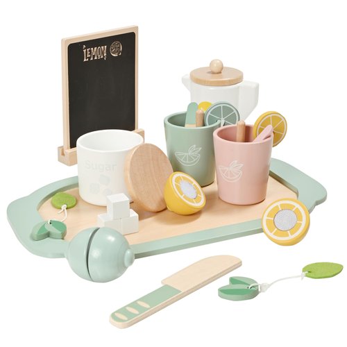 MONT PLEASANT 22pcs Wooden Tea Set for Little Girls, Toddler Tea Set with Lemons Kids Pretend Play Kitchen Accessories, Wooden Toys Lemonade Playset Gift Kids Tea Party Set with Sugar and Tea Bag
