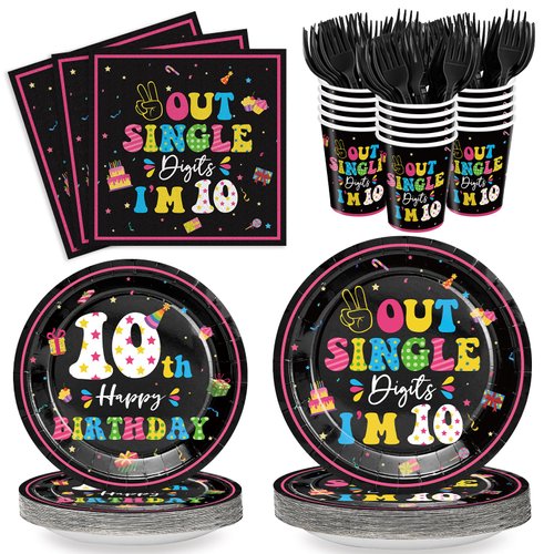 120pcs 10th Birthday Plates Napkins for Girl Out Single Digits I'm 10 Party Supplies Tableware Set Disposable Paper Cups Black Forks 10th Birthday Party Supplies Serve 24 Guest