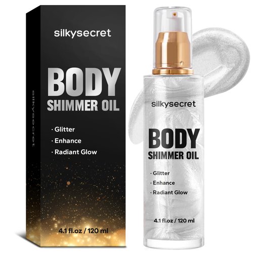 SilkySecret Body Shimmer Oil (4.1 Fl Oz), Body Shimmering, Long-Lasting Moisturizing, Body Oil for Radiant Glow, Glitter Glow Oil, Body & Face Makeup, Diamond Platinum