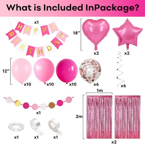 Jobkoo Pink Birthday Decorations for Girls, Hot Light Pink Balloon Garland Arch Kit Baby Bright Pink Happy Birthday Banner Foil Curtain Heart Star Foil Party Balloons for Princess Birthday Party Decor