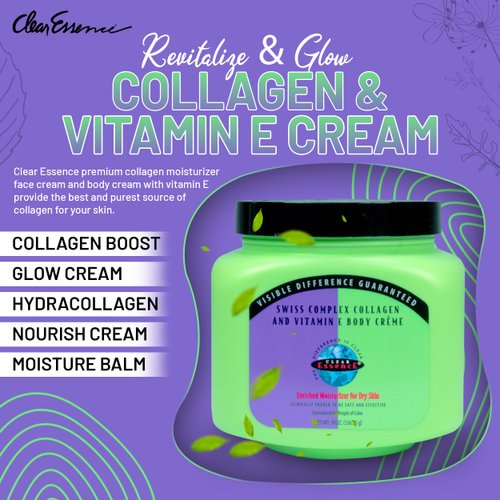 Clear Essence Sensitive Swiss Collagen Vitamin E Creme for Dry Skin - Collagen Moisturizer Face Cream & Body Cream for Uneven Patches & Dull Complexions - Dermatologist Tested Collagen Cream - 19 Oz