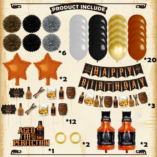 BORAMDO Whiskey Birthday Party Decorations for Men, Aged to Perfection Party Supplies including Whiskey Birthday Banner, Cake Toppers, Whiskey Foil Balloons, Tissue Paper Flowers (brown)