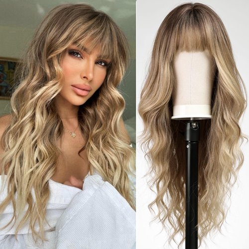KOME Ombre Blonde Wigs with Bangs,Blonde Highlight Long Wavy Wig for Women,Long Curly Synthetic Hair Wig for Party Cosplay Daily Use 24IN