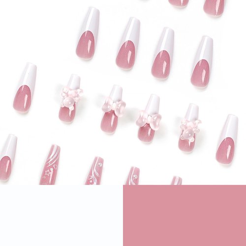 Extra Long Press on Nails Square French Tips Acrylic Coffin False Nails Sets Artificial Pink Fake Nails with Bear Pearl Designs Glossy Full Cover Glue Stick on Fingernails with Charm for Women