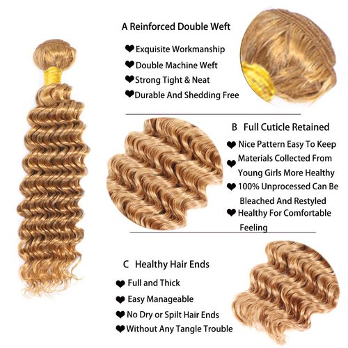 26 28 30 Inch 27 Bundles Human Hair Blonde Deep Wave Bundles Peruvian Virgin Human Hair 3 Bundles Honey Blonde Deep Wave Bundles Piano Color Hair Weave 27 Deep Wave Bundles