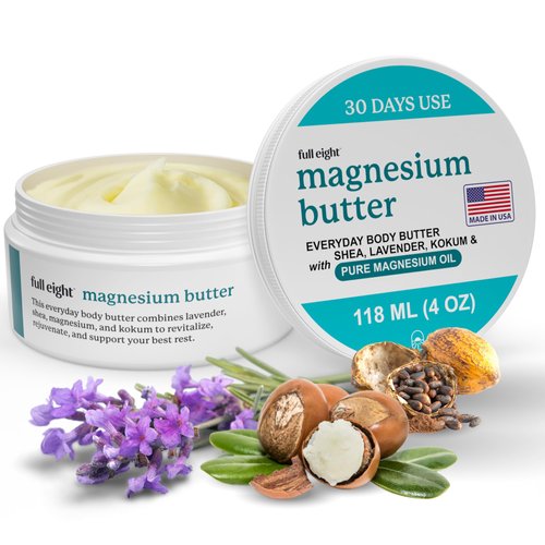 Full Eight Magnesium Body Butter – Quick Ease for Tensed Legs, Tight Muscles & Sleep, Organic Ingredients with Pure Magnesium Oil & Shea Butter, Exfoliating Topical Magnesium Cream for Sleep 4 oz