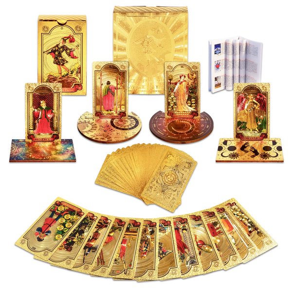 ALKALO Tarot Cards with Guide Book, 80PCS Gold Tarot Cards Set with 4Pcs Wooden Tarot Card Holder, Waterproof Tarot Deck/Fortune Telling Game Craft Cardboard for Beginners