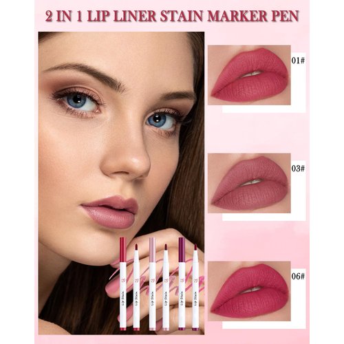 Lip Stain Marker Pen-3Pcs Hydrating Lip Tint Stain Lip Liner Tattoo Pencil,Matte Color Look,Longlasting Waterproof Lipstain Lipgloss,Precise Chisel Tip Smooth,Christmas Makeup Gift for Women-01+03+06