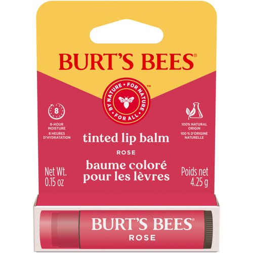 Burt’s Bees Tinted Lip Balm Rose; 8 Hour Moisture; Provides a Hint of Color; Nourishing Shea Butter; 100% Natural Origin; 1 Tube; 0.15 Oz. (Package May Vary)