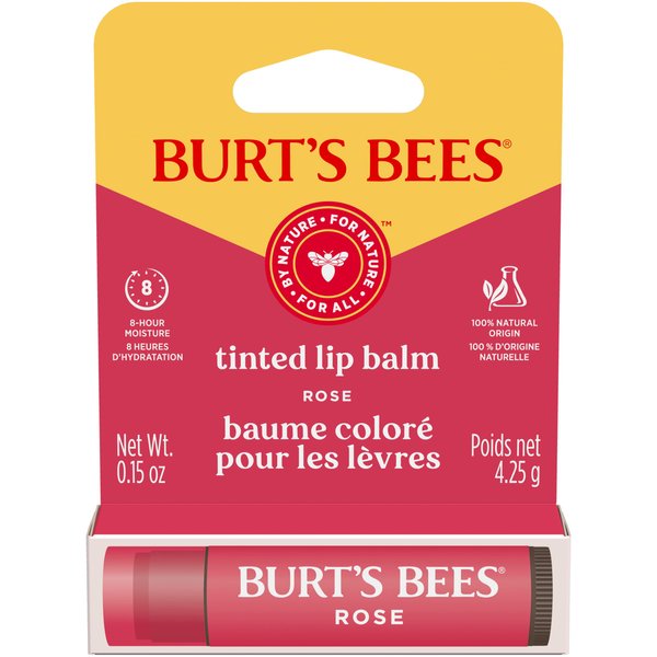 Burt’s Bees Tinted Lip Balm Rose; 8 Hour Moisture; Provides a Hint of Color; Nourishing Shea Butter; 100% Natural Origin; 1 Tube; 0.15 Oz. (Package May Vary)