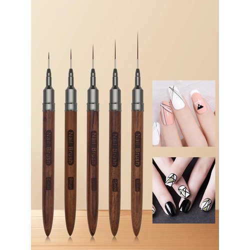 Nail art brushes, 5Pcs Nail Art Liner Brushes, Painting Art Design Brush Set Nail Dotting Drawing Tool for Long Lines, Thin Details, Fine Drawing Sizes 6/9/12/15/18mm, Natural
