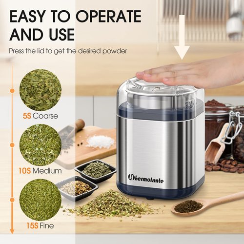 Hermolante Herb Grinder Spice Grinder, 200 w Herb Grinder with Stainless Steel Blade and Cleaning Brush, Compact Size Electric Grinder for Herbs and Spices -5.11in(Stainless Steel)