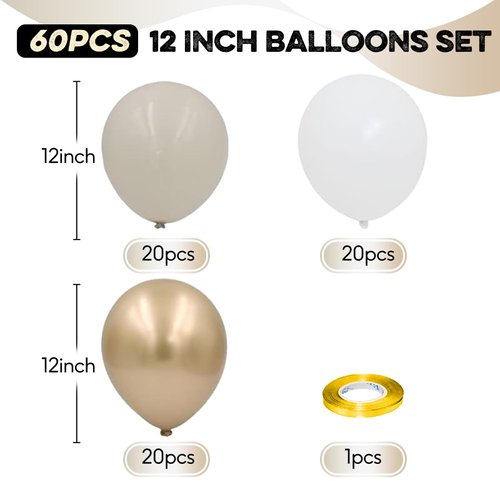 White Sand Gold Balloons, 60 Packs 12 Inch White Nude Balloons with Metallic Chrome Gold Beige Latex Balloons Party Decoration for Boho Birthday Wedding Bridal Baby Shower Engagement Anniversary