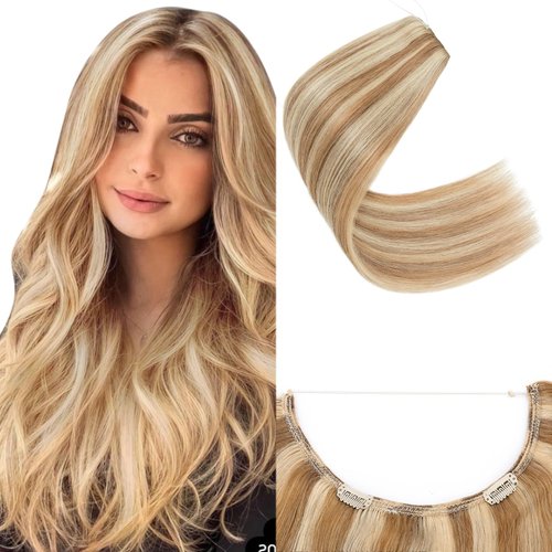 Halo Hair Extensions Human Hair, SEGO 100% Real Human Hair Extensions Halo, Wire Hair Extensions with Invisible Wire and Clips,Halo Hair Extension for Women,16Inch Golden Brown Mixed Bleach Blonde,60g