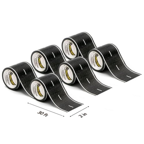 PlayTape Road Tape for Toy Cars - Sticks to Flat Surfaces; No Residue; 6-Pack of 30 ft. x 2 in. Black Road