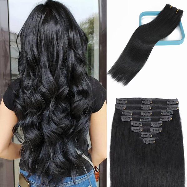LORIEN Clip in Hair Extensions Real Human Hair, 18 Inch 100g, 1 Jet Black, Clip in 100% Brazilian Remy Human Hair Extensions 8pcs Per Set with 18 Clips Double Weft