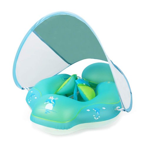 Relaxing Baby-Pool Float with Adjustable Seat Pocket with Canopy of UPF 50+UV Protection Anti-Slip Crotch, Add Tail Chamber Baby Floats for Pool Accessory Air Pump and 2 Pool Toys for Toddler 3M-3Yrs