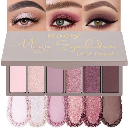 Kaely 6 Colors Mini Eyeshadow Makeup Palette for Women Natural Looks, Light Nude Pink Champagne Rose Orchid Wine Red Dark Mauve Plum Glitter Shimmer Eye Shadow Palette Built in Mirror Travel Size 04