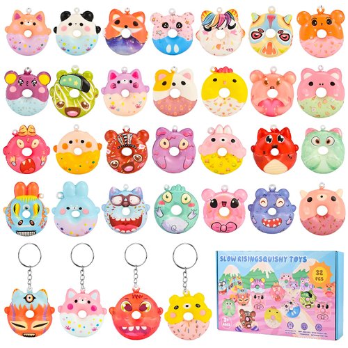 GOLDGE Assorted 32 Pack Squishy Donut Keychains & Critter-Shaped Toys - Colorful and Fun Party Favors, Goodie Bag & Pinata Stuffers, Classroom & Carnival Prizes, Treasure Box Toys for Boys and Girls