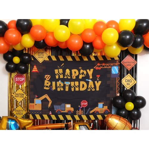 96 Pack Construction Birthday Party Supplies Dump Truck Party Decorations Kits Set with Balloons Garland kit, Construction Backdrop, Foil Balloons, Curtains and Traffic Signs