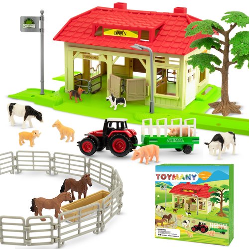 Toymany Barn House with Tiny Farm Animals Figures Tractor Fence and Tree - Farm Playset with Barn, Farm Animal Barn - Learning Christmas Birthday Gift for Kids Toddlers