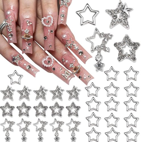 YAEISM 30PCS Star Nail Charms 3D Alloy Nail Art Charms 4 Styles Silver Stars Nail Rhinestones Crystal Pentagram Nail Gems for DIY Crafts Jewelry Decoration Nail Supplies