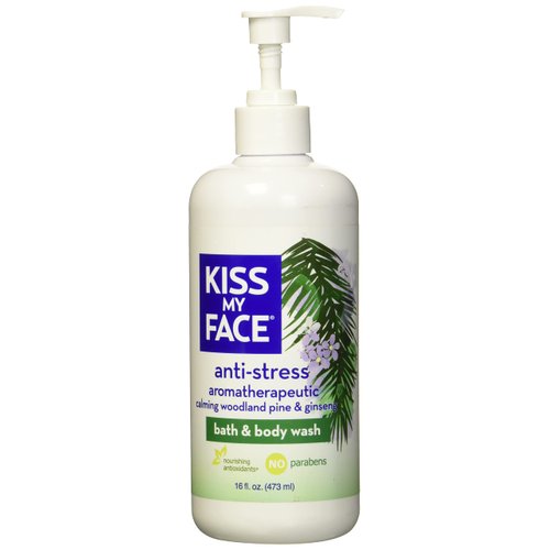 Kiss My Face Anti-Stress Woodland Pine & Ginseng Shower Gel - Rejuvenate Your Mood With Ginseng & Woodland Pine - Antioxidant Blend of Olive Oil, Aloe & Vitamin E - 16 fl oz Bottle