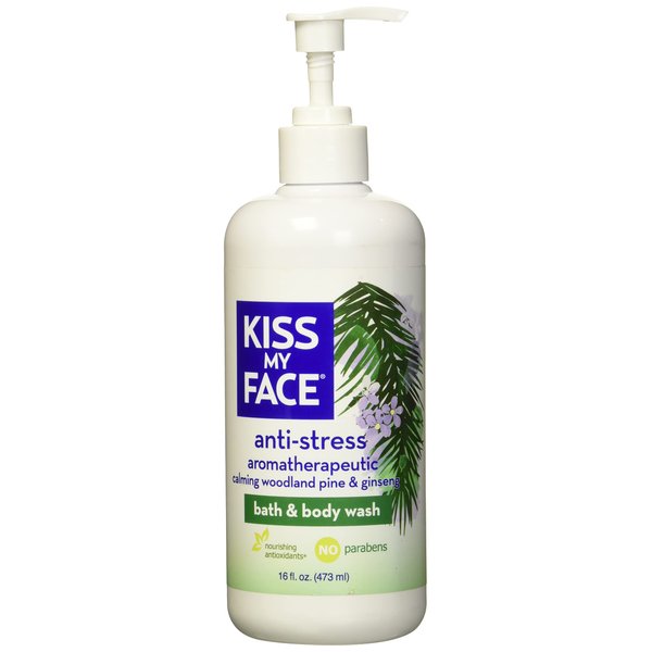 Kiss My Face Anti-Stress Woodland Pine & Ginseng Shower Gel - Rejuvenate Your Mood With Ginseng & Woodland Pine - Antioxidant Blend of Olive Oil, Aloe & Vitamin E - 16 fl oz Bottle