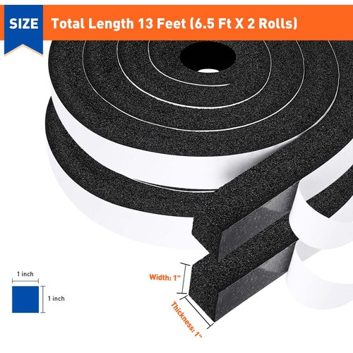 MAGZO Adhesive Foam Weather Stripping 1 Inch W X 1 Inch T, Air Conditioner Window Seal Open Cell High Resilience, Total Length 13 Feet (6.5ft x 2 Rolls)