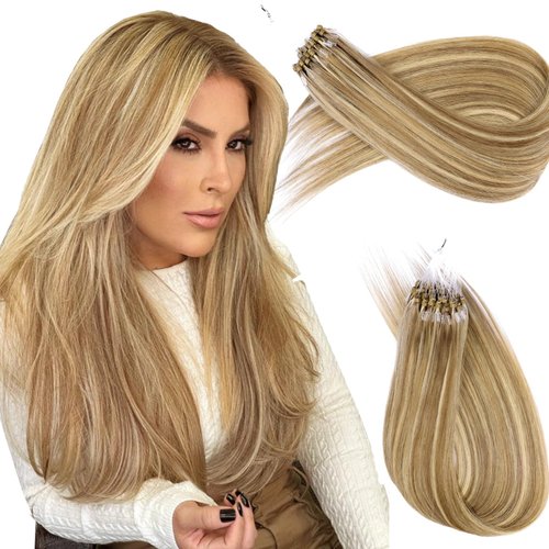 KiiKiiGirl Virgin Microlink Hair Extensions - Human Hair,18inch Micro link Hair Extensions Human Hair Micro Beads Hair Extensions Human Hair Blonde Highlighted Bleach Blonde 30G/Pack