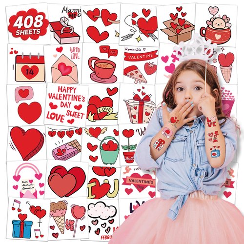 EMOME 408 Individually Wrapped Valentines Day Temporary Tattoo Stickers for Kids, Cute Heart Temporary Tattoos for Valentine's Day Accessories, Kids Tattoos Temporary for Party Supplies Favors Fillers