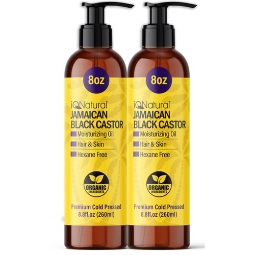 IQ Natural Jamaican Black Castor Oil for Hair Growth and Skin Conditioning, 100% Pure Cold Pressed, Scalp, Nail and Hair Oil - (2 PACK Unscented) (8oz)