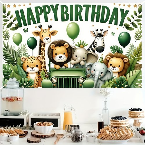 Blissyard animal birthday party decorations Jungle Animal Birthday Banner - 71 x 43 Inch Cartoon Safari Adventure Party Backdrop for Kids - Safari Theme Party Decoration