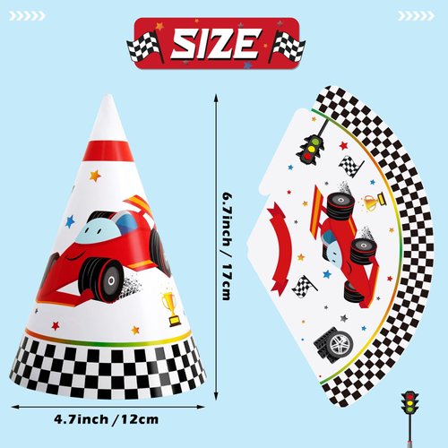 WERNNSAI Race Car Birthday Party Hats - 12 PCS Racing Party Supplies Paper Cone Hats Headwear for Kids Boys Checkered Race Party Decoration
