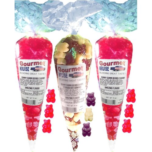 Red Gummy Bears (2) Wild Cherry (1) Purple Grape White Strawberry Banana Gummi (NET WT 33 OZ) Gourmet Kruise Signature Gift Bags