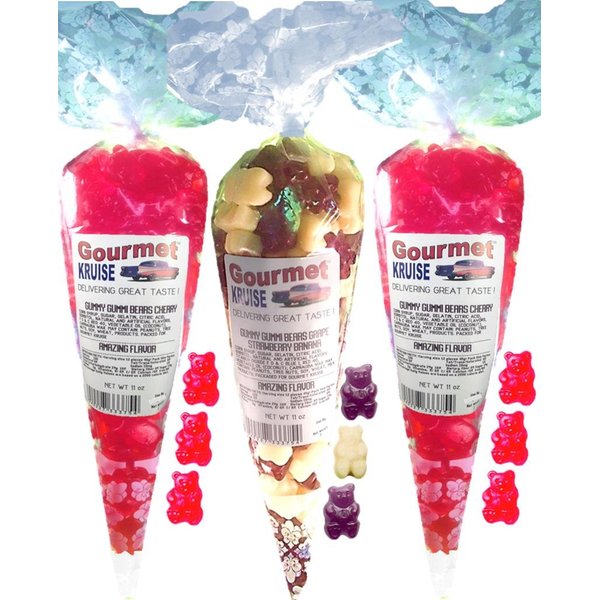 Red Gummy Bears (2) Wild Cherry (1) Purple Grape White Strawberry Banana Gummi (NET WT 33 OZ) Gourmet Kruise Signature Gift Bags