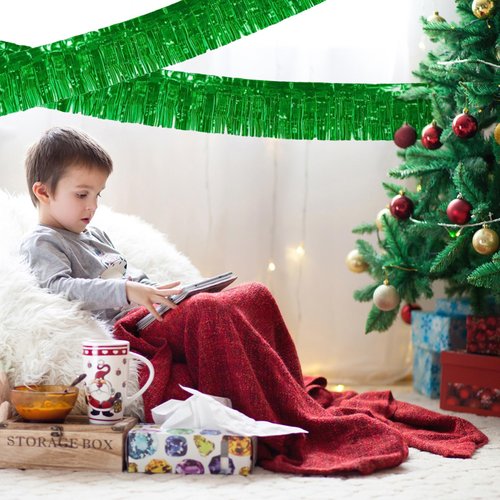 12 Pack 10 Feet Metallic Foil Fringe Garland Tinsel Streamers Banner, Green Wall Hanging Tinsel Fringe Banners for Parade Floats, Wedding, Birthday, Christmas, New Year Party Decorations