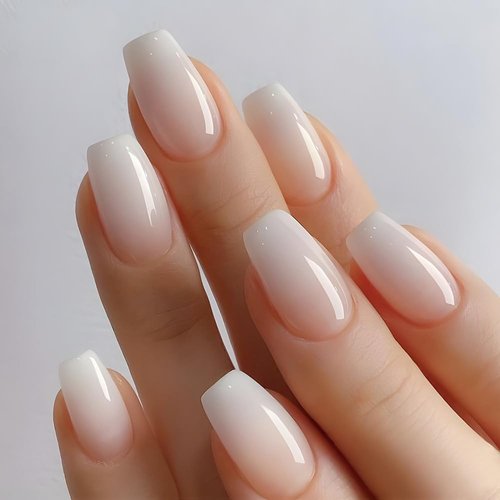 QQPPOLIU Gradient Press on Nails Medium Ballerina Shape（Cherry Blossom to White）Glossy Fake Nails Ombre False Nails French Tip Glue on Nails For Women and Girl 24PCS