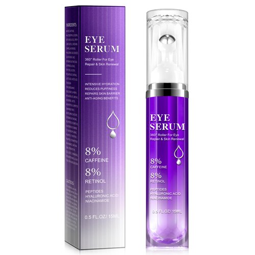 Under Eye Roller Serum|8% Caffeine Eye Cream for Dark Circles Puffy Eye Bags Fine Lines Wrinkles, 360° Massage Ball Cream, 8% Hyaluronic Acid Caffeine Peptide Eye Serum, Eye Skin Care