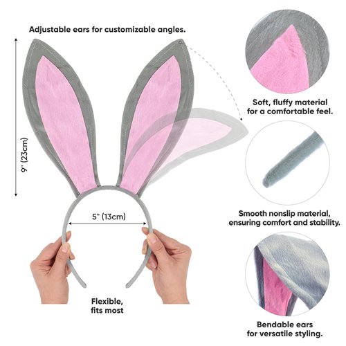 Funcredible Grey Bunny Ears - Bunny Ears Headband - Bunny Rabbit Cosplay Costume Accessories - Bendable Bunny Ears for Kids and Adult