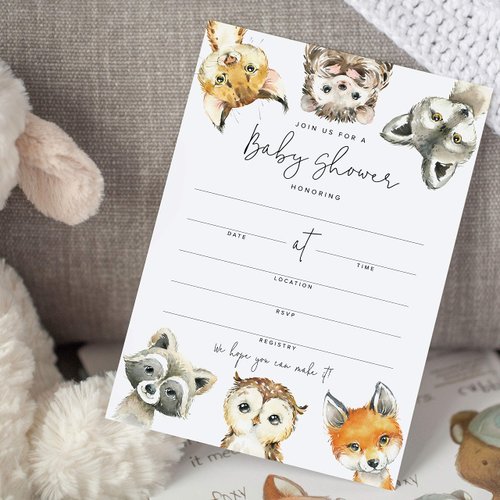 Bliss Collections 25 Baby Shower Invitations with Envelopes Woodland Animals, Forest Creatures, Fox, Owl, Racoon, Wolf, Hedgehog, Bobcat - Gender Neutral, 5x7 Cards