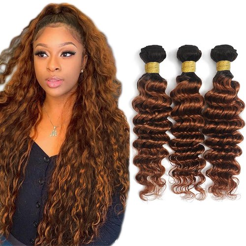 1B30 Deep Wave Bundle Ombre Human Hair 3 Bundles Black To Dark Brown Bundles Wet and Wavy Hair Bundles Brazilian Remy Hair Extensions For Women 20 22 24 Inch