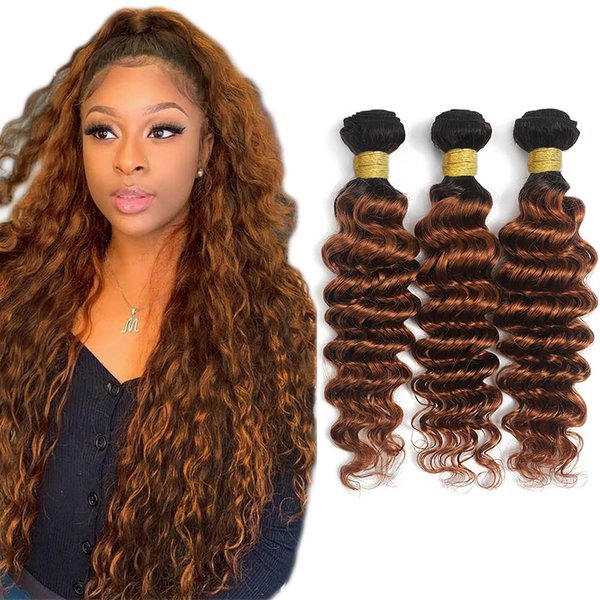 1B30 Deep Wave Bundle Ombre Human Hair 3 Bundles Black To Dark Brown Bundles Wet and Wavy Hair Bundles Brazilian Remy Hair Extensions For Women 20 22 24 Inch