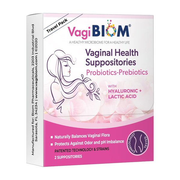 VagiBiom Probioitc Suppository Convenient Travel Pack with 2 Suppositories: Microbiome Flora Balance. Odor Control Regimen; Balance and Nourishes Healthy Flora