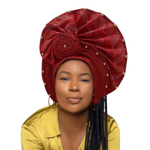 QliHut Nigerian Headtie African Head Wraps Already Made Auto Gele African Turban Cap For Party (Hot Red)
