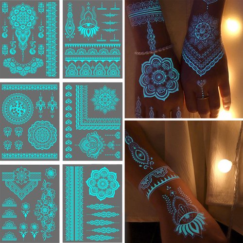 Blue Luminous Temporary Tattoo Stickers Lace Luminous Tattoo Sticker Lotus Flower Glow In The Dark Tattoo Art Sticker for Girl Women Wedding Party Arm Body Accessories 6sheets