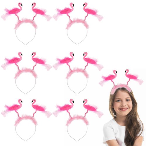 Flamingo Party Headbands, 6PCS Pink Feather Costume Boppers for Themed Girls and Children's Dress-Up, Halloween, Cosplay, and Party Supplies