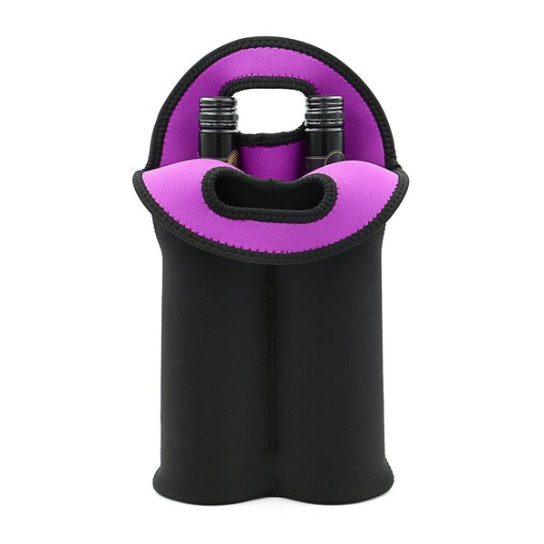 Hipiwe Wine Carrier Tote Bag Two Bottle Insulated Neoprene Wine/Water Bottle Holder for Travel with Secure Carry Handle (Blake+ Purple)