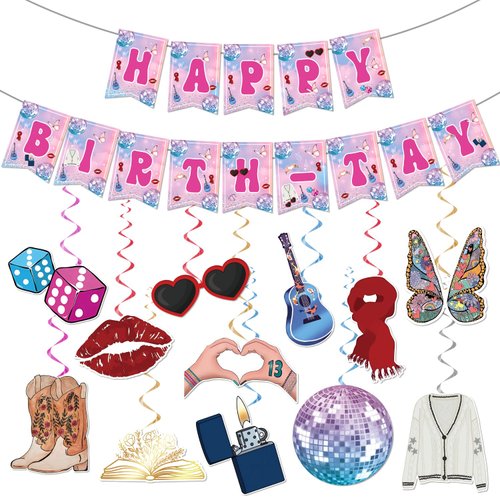 Happy Birthday Party Decorations, Pre-strung Happy Birth-Tay Banner, Popular Singer Hanging Swirls Decor for Fans, Girls Guitar Themed Birthday Party Decor, Music Themed Birthday Party Supplies