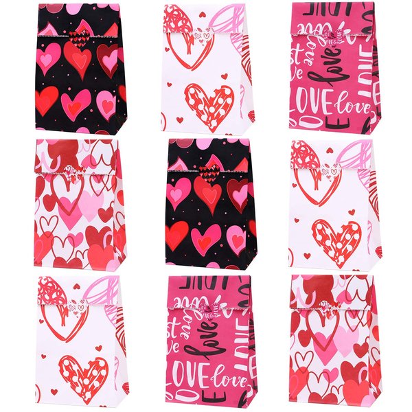 Cooraby 48 Pieces Valentines Day Paper Bags Kraft Party Hearts Gift Bags Craft Paper Bags with 60 Pieces Label Stickers for Valentine's Day Party Supplies